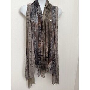 Cross tree lane Vest Topper Brown crocheted  Lace Mixed Media Leopard L Boho